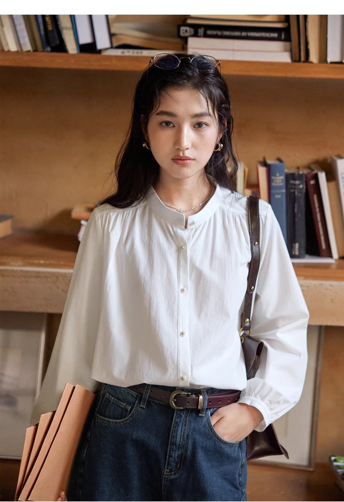 solighter 프랑스식 레트로 스탠드 칼라 벌룬 소매 자카드 패치워크 여성 셔츠 봄 상세 이미지 14