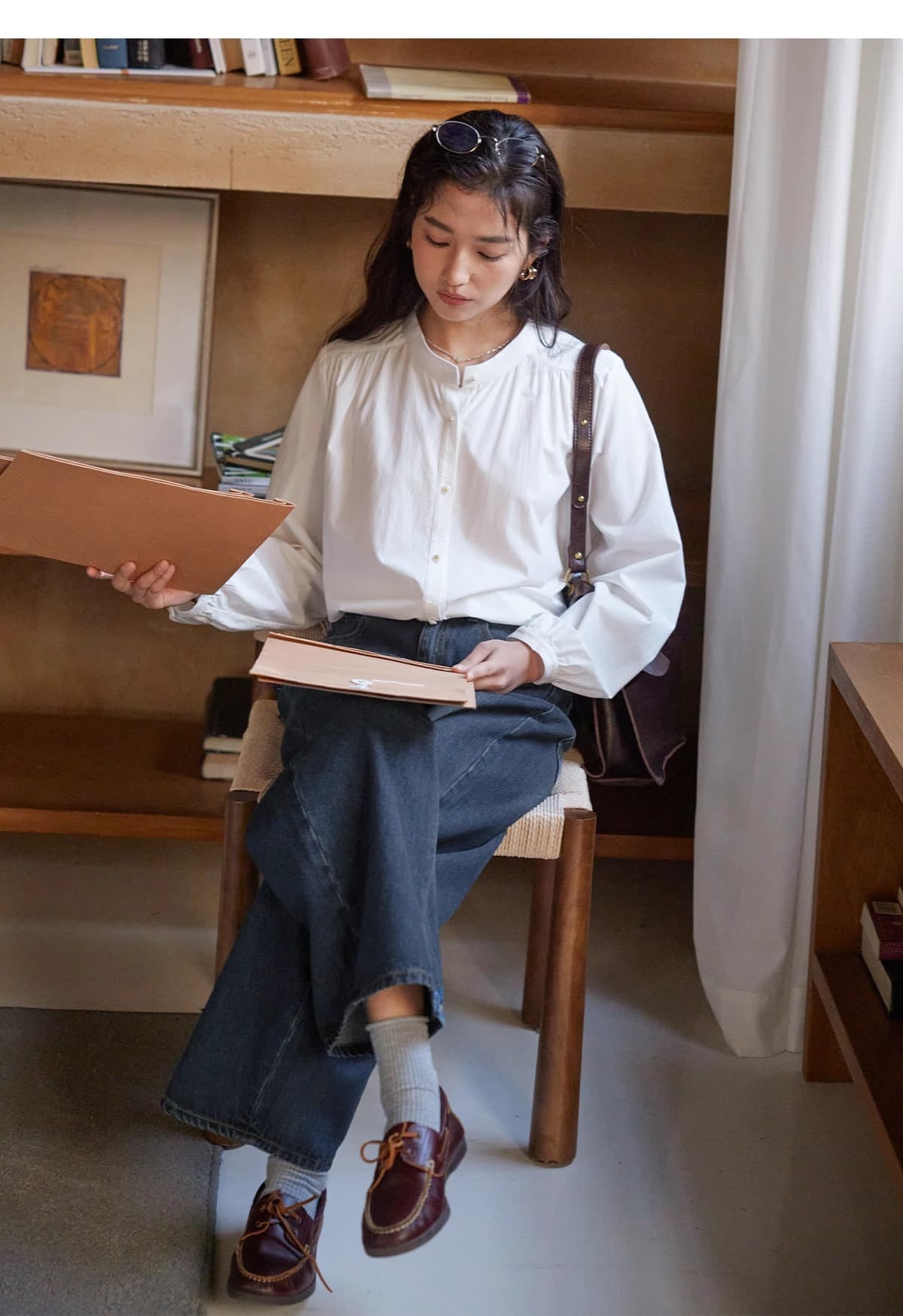 solighter 프랑스식 레트로 스탠드 칼라 벌룬 소매 자카드 패치워크 여성 셔츠 봄 상세 이미지 21