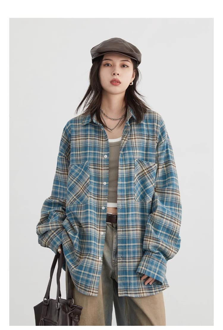 chicven 비공식 학원 스타일 가을 아메리칸 레트로 폴로 칼라 패치워크 색상 체크무늬 셔츠 취 엔 면 셔츠 상세 이미지 2