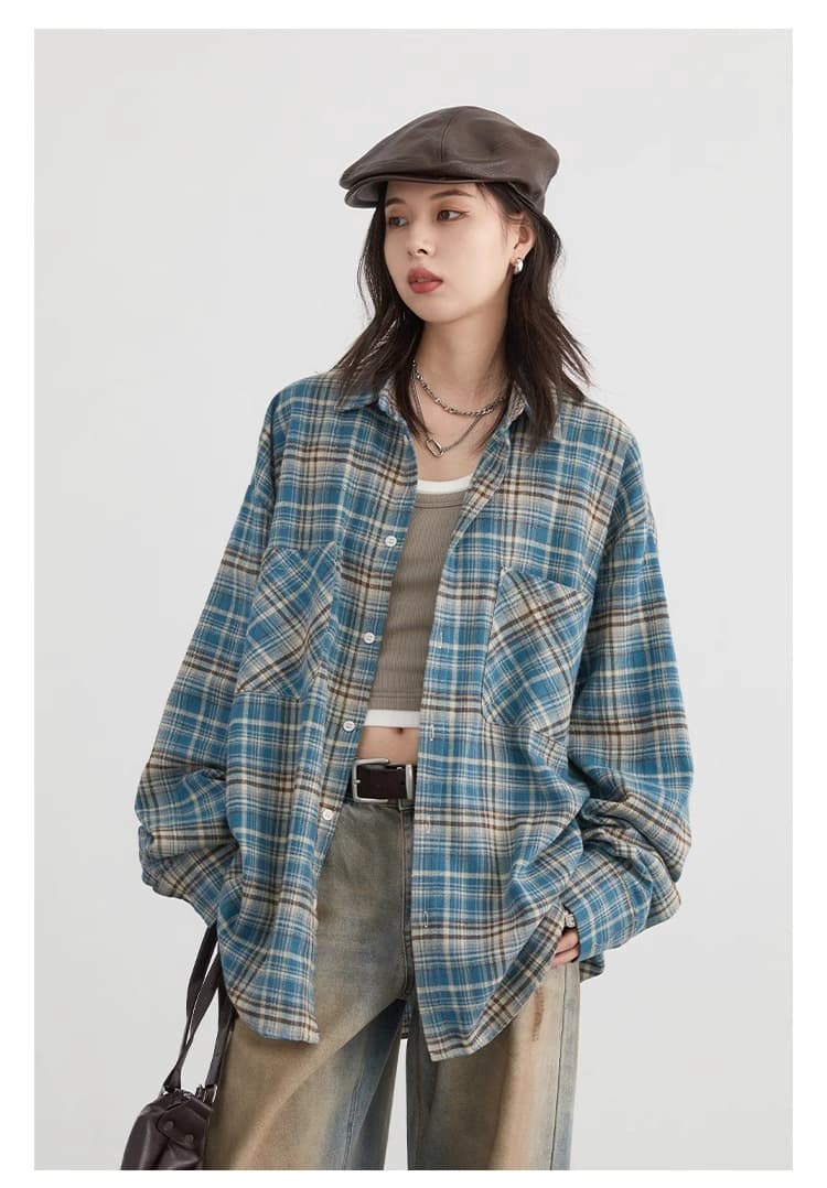 chicven 비공식 학원 스타일 가을 아메리칸 레트로 폴로 칼라 패치워크 색상 체크무늬 셔츠 취 엔 면 셔츠 상세 이미지 3
