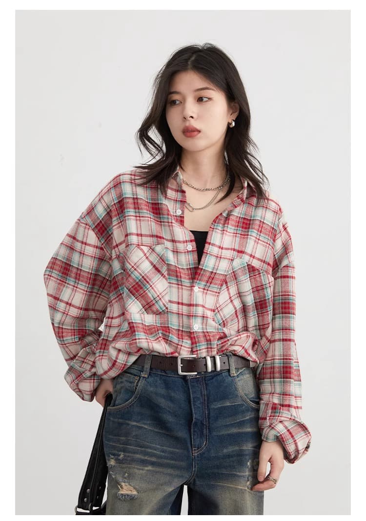 chicven 비공식 학원 스타일 가을 아메리칸 레트로 폴로 칼라 패치워크 색상 체크무늬 셔츠 취 엔 면 셔츠 상세 이미지 10