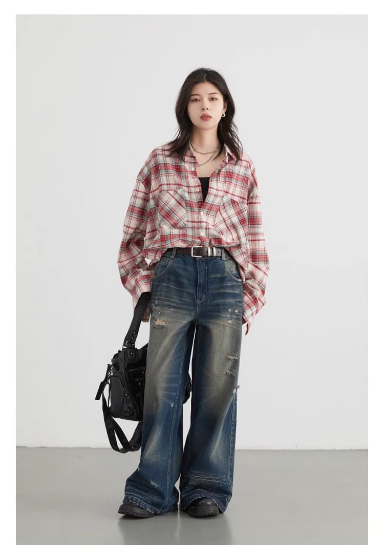 chicven 비공식 학원 스타일 가을 아메리칸 레트로 폴로 칼라 패치워크 색상 체크무늬 셔츠 취 엔 면 셔츠 상세 이미지 11