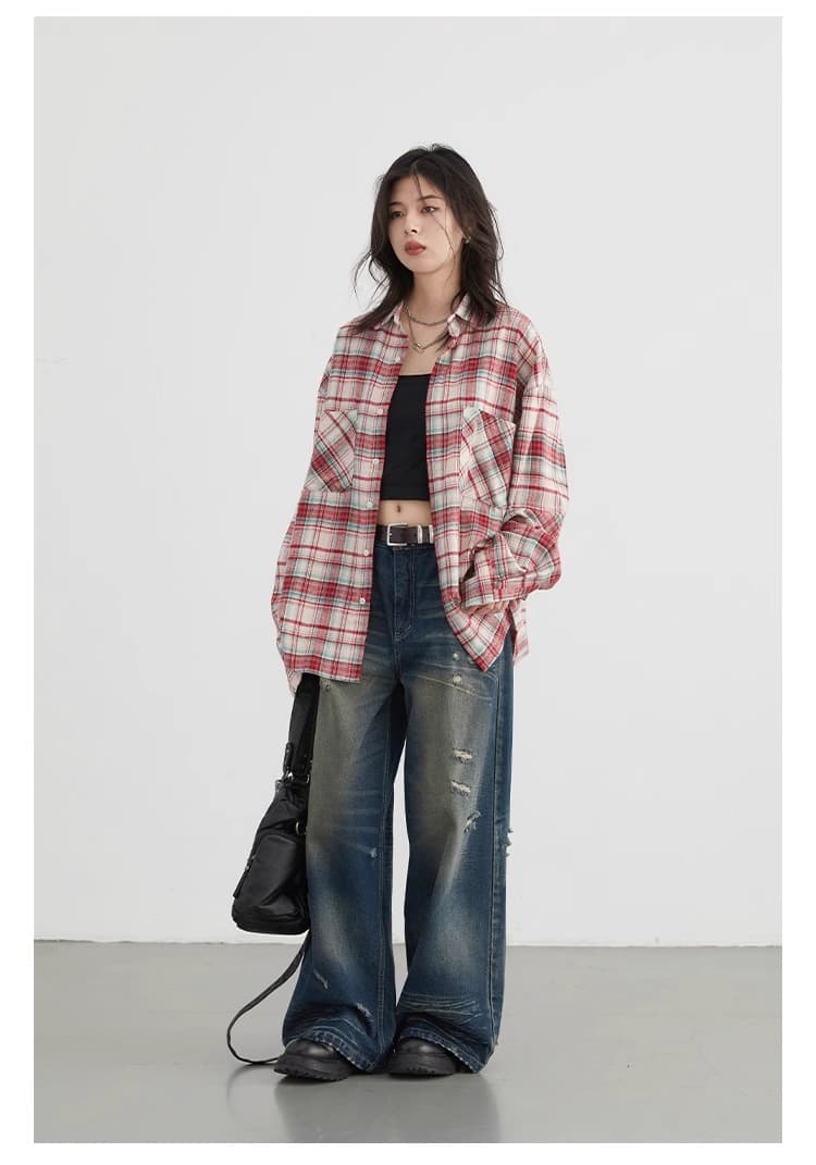 chicven 비공식 학원 스타일 가을 아메리칸 레트로 폴로 칼라 패치워크 색상 체크무늬 셔츠 취 엔 면 셔츠 상세 이미지 12