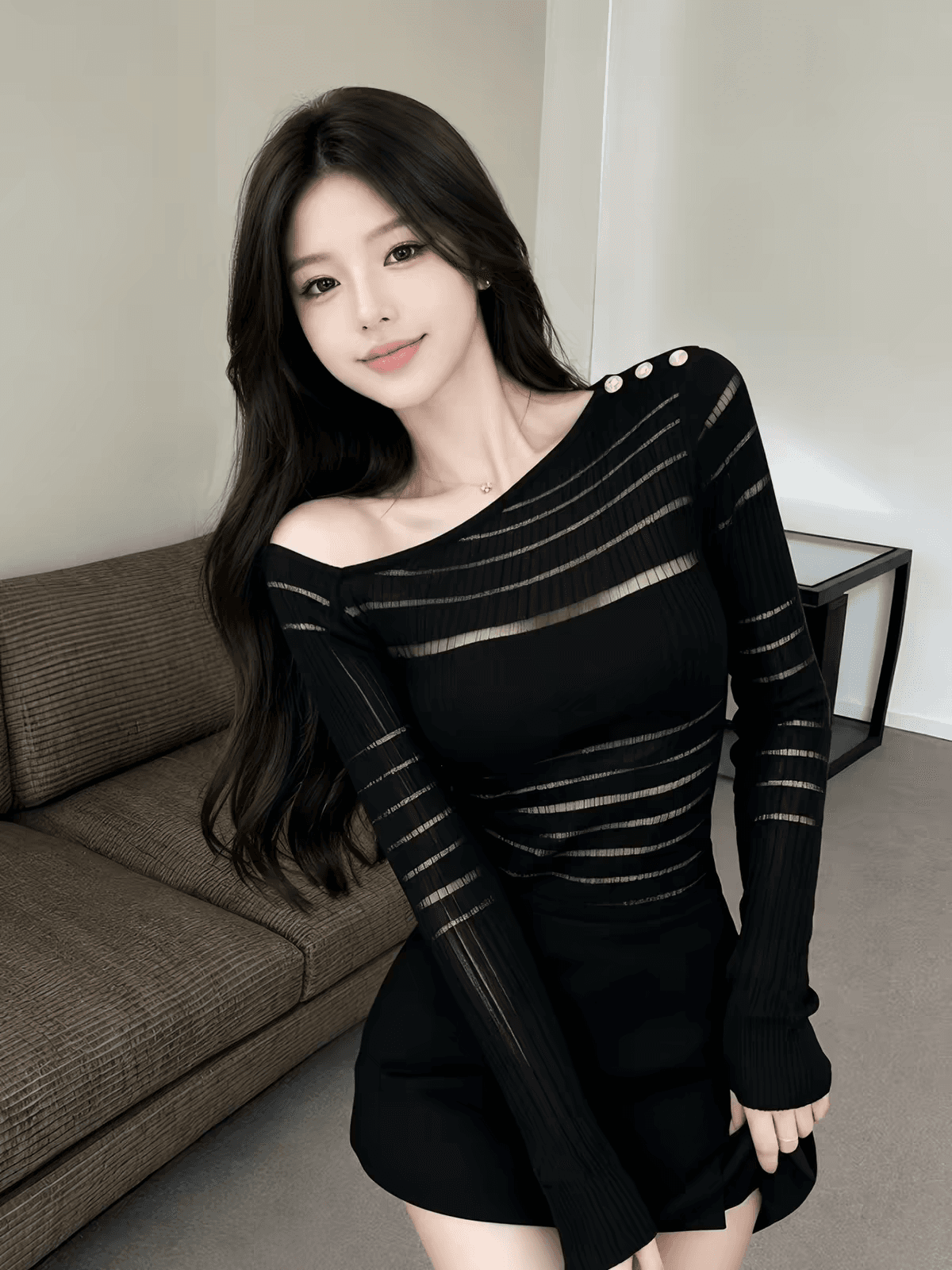 핫걸 엠보싱 버클 비스듬한 어깨 긴팔 니트 맨위 여성 의류 여름 한 부서 순수한 욕망 디자인 센스 몸매 가꾸기 슬림해 보이는 티셔츠 이미지 3