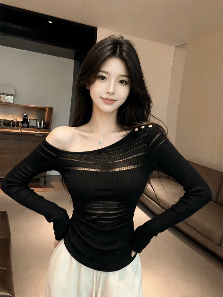 핫걸 엠보싱 버클 비스듬한 어깨 긴팔 니트 맨위 여성 의류 여름 한 부서 순수한 욕망 디자인 센스 몸매 가꾸기 슬림해 보이는 티셔츠 상세 이미지 1