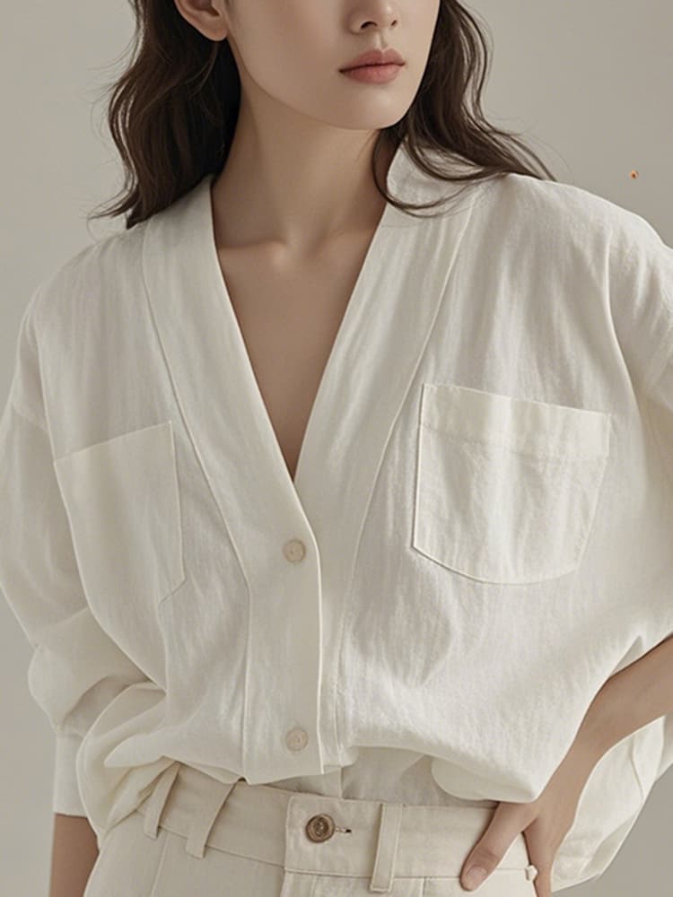 서리가 내린 부서 고급 센스 화이트 면 린넨 V넥 여성 셔츠 2026 조기 가을 새로운 루즈핏 연령 감소 품격 맨위 이미지 4