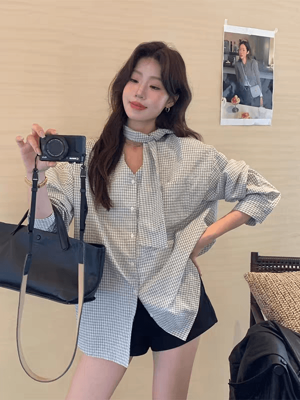 한 부서 레트로 체크무늬 여성 셔츠 2025 가을 디자인 센스 작은 대중 루즈핏 슬림해 보이는 긴팔 V넥 리본 맨위