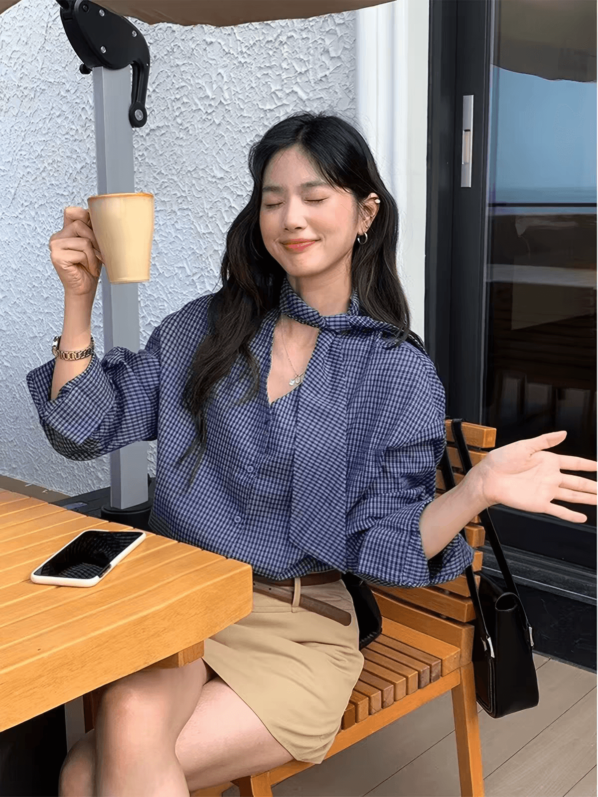 한 부서 레트로 체크무늬 여성 셔츠 2025 가을 디자인 센스 작은 대중 루즈핏 슬림해 보이는 긴팔 V넥 리본 맨위 상세 이미지 1