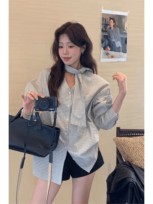 한 부서 레트로 체크무늬 여성 셔츠 2025 가을 디자인 센스 작은 대중 루즈핏 슬림해 보이는 긴팔 V넥 리본 맨위 상세 이미지 2