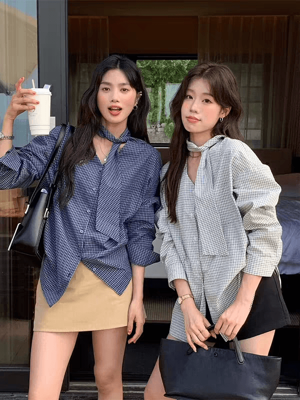 한 부서 레트로 체크무늬 여성 셔츠 2025 가을 디자인 센스 작은 대중 루즈핏 슬림해 보이는 긴팔 V넥 리본 맨위 상세 이미지 5