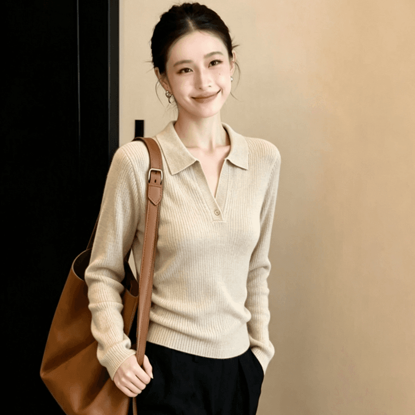 POLO 칼라 니트 스웨터 여성 가을 새로운 몸매 가꾸기 인사이드 가져 가라. 고급 센스 디자인 센스 기본 셔츠 맨위