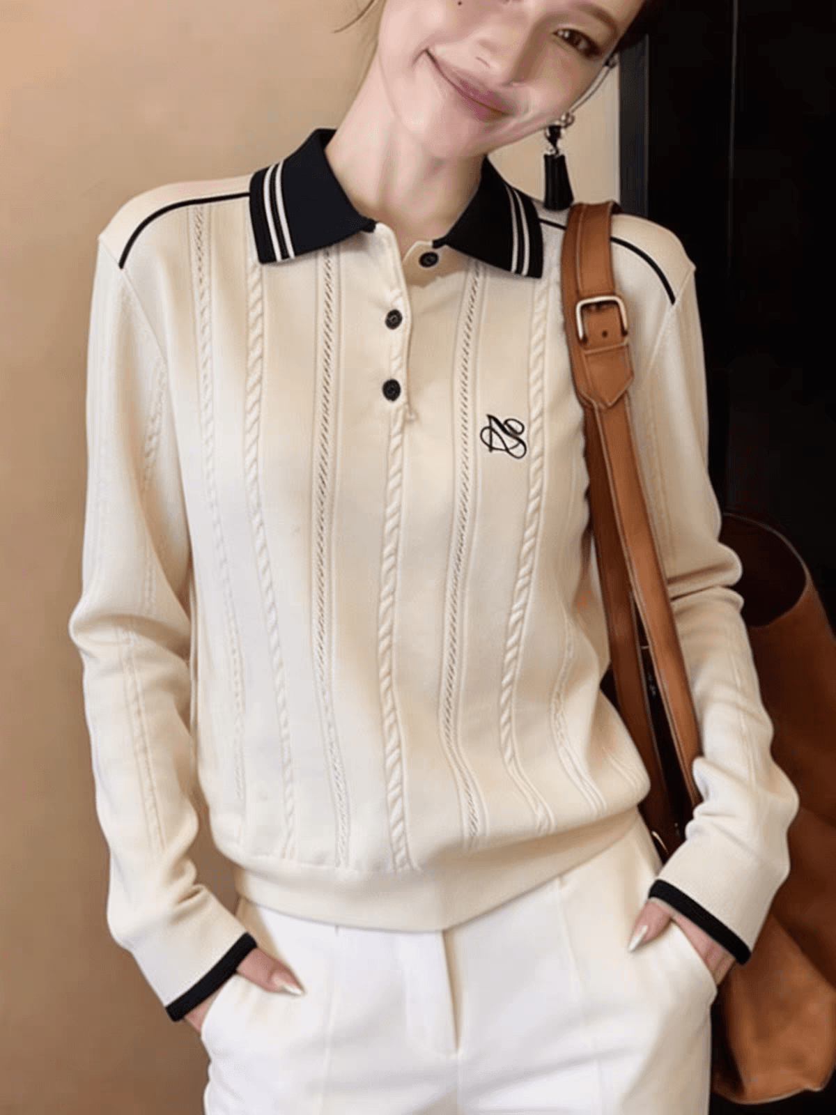 배색 POLO 칼라 트위스트 꽃 긴팔 니트 스웨터 여성 조기 가을 2026 한 부서 루즈핏 슬림해 보이는 캐주얼 다용도 맨위 이미지 3
