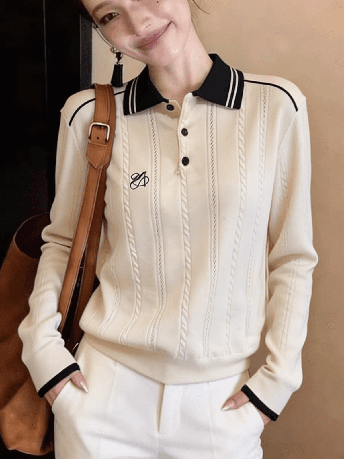 배색 POLO 칼라 트위스트 꽃 긴팔 니트 스웨터 여성 조기 가을 2026 한 부서 루즈핏 슬림해 보이는 캐주얼 다용도 맨위 이미지 4