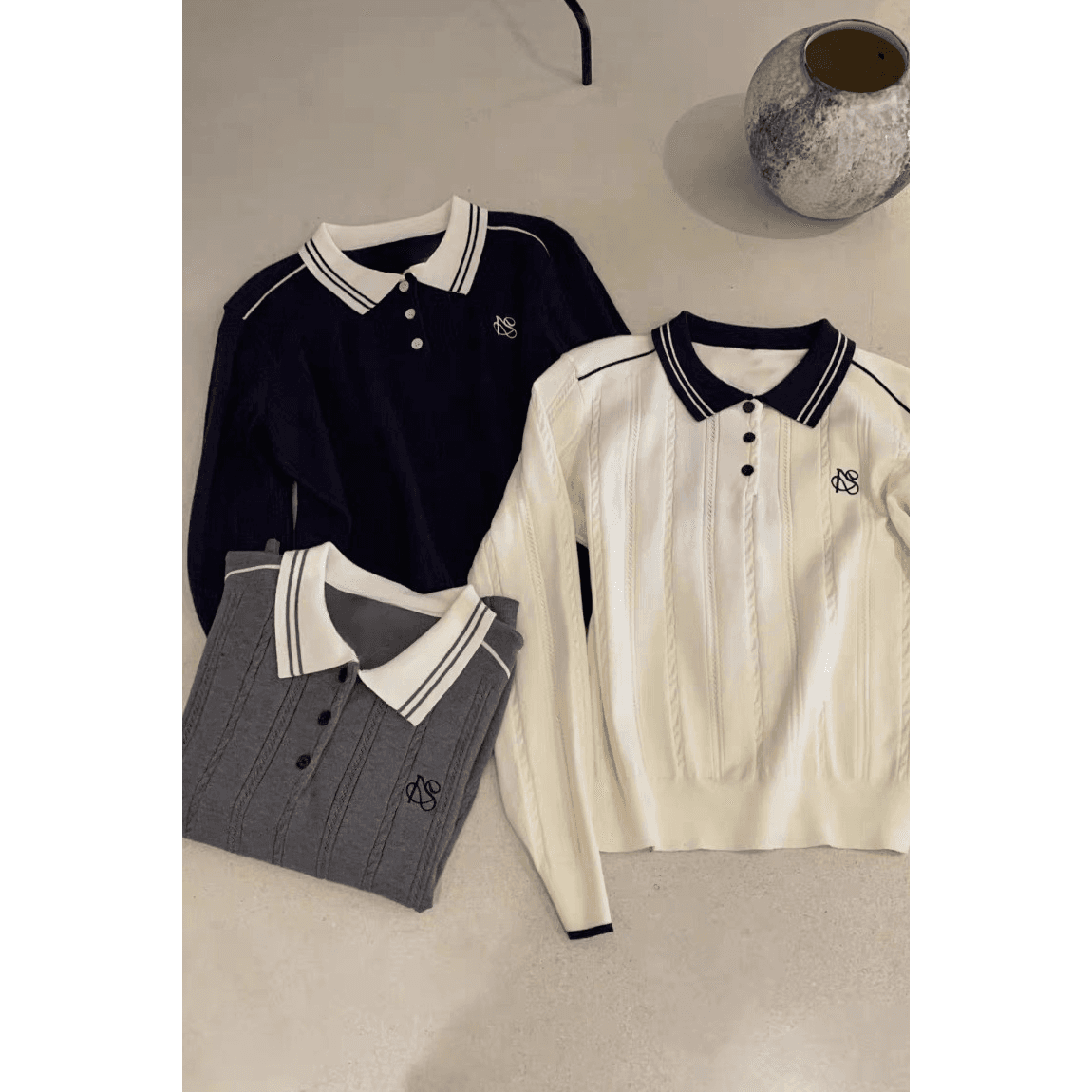 배색 POLO 칼라 트위스트 꽃 긴팔 니트 스웨터 여성 조기 가을 2026 한 부서 루즈핏 슬림해 보이는 캐주얼 다용도 맨위 이미지 5