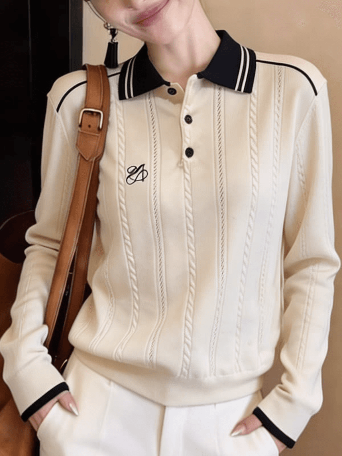 배색 POLO 칼라 트위스트 꽃 긴팔 니트 스웨터 여성 조기 가을 2026 한 부서 루즈핏 슬림해 보이는 캐주얼 다용도 맨위 상세 이미지 5