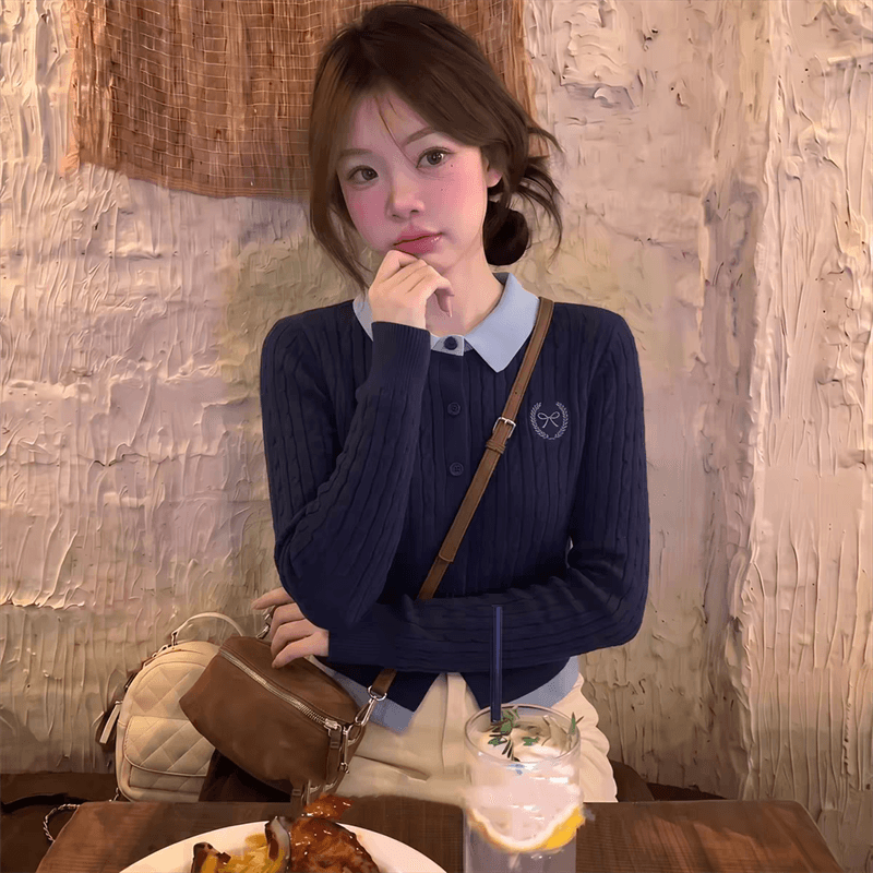 한 부서 학원 스타일 페이크 레이어드 배색 POLO 칼라 긴팔 니트 오픈 가디건 여성 이른 가을 새로운 품격 캐주얼 맨위 상세 이미지 3