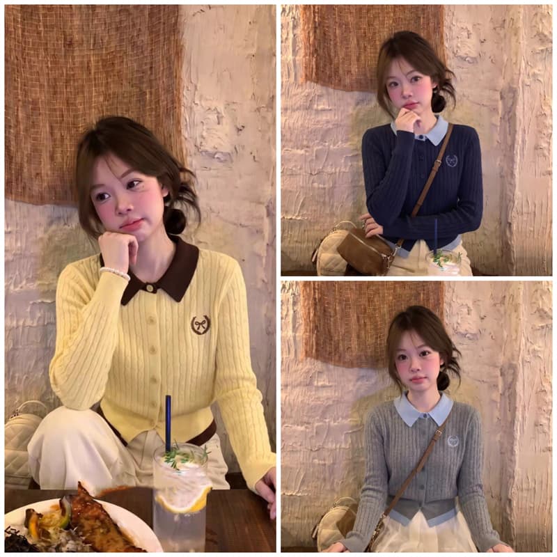 한 부서 학원 스타일 페이크 레이어드 배색 POLO 칼라 긴팔 니트 오픈 가디건 여성 이른 가을 새로운 품격 캐주얼 맨위 상세 이미지 5