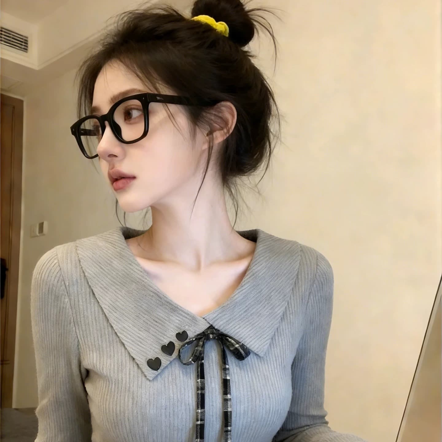 회색 폴로 칼라 나비 매듭 몸매 가꾸기 인사이드 가져 가라. 기본 셔츠 긴팔 티셔츠 여성 봄 특별 아름다운 ~ 중 꼬집기 허리 위로 의류 이미지 5