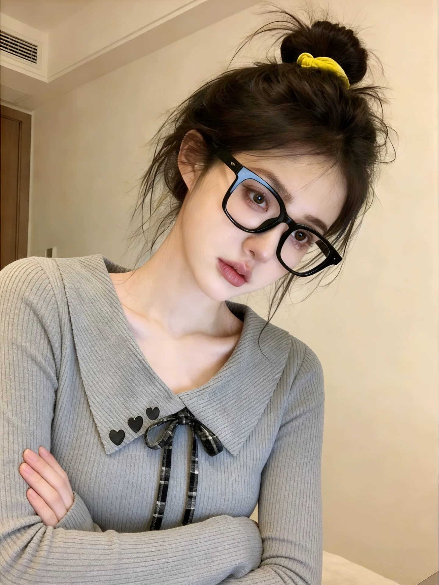 회색 폴로 칼라 나비 매듭 몸매 가꾸기 인사이드 가져 가라. 기본 셔츠 긴팔 티셔츠 여성 봄 특별 아름다운 ~ 중 꼬집기 허리 위로 의류 상세 이미지 4
