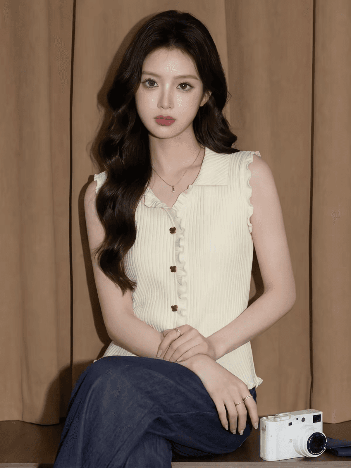 화이트 POLO 칼라 캐미솔 여름 고유 한 아름다운 자이언트 잘 생긴 고급 센스 외출용 해변가 민소매 작은 맨위 이미지 3