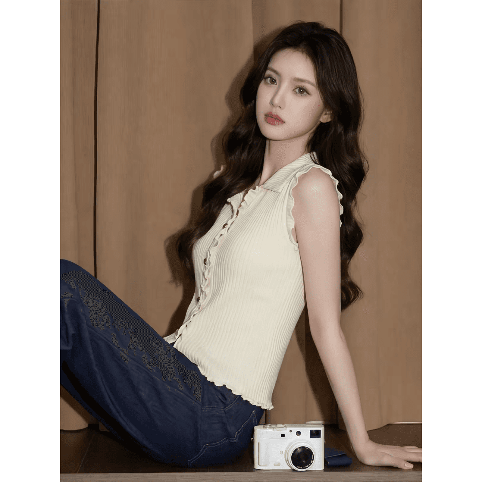 화이트 POLO 칼라 캐미솔 여름 고유 한 아름다운 자이언트 잘 생긴 고급 센스 외출용 해변가 민소매 작은 맨위 이미지 5