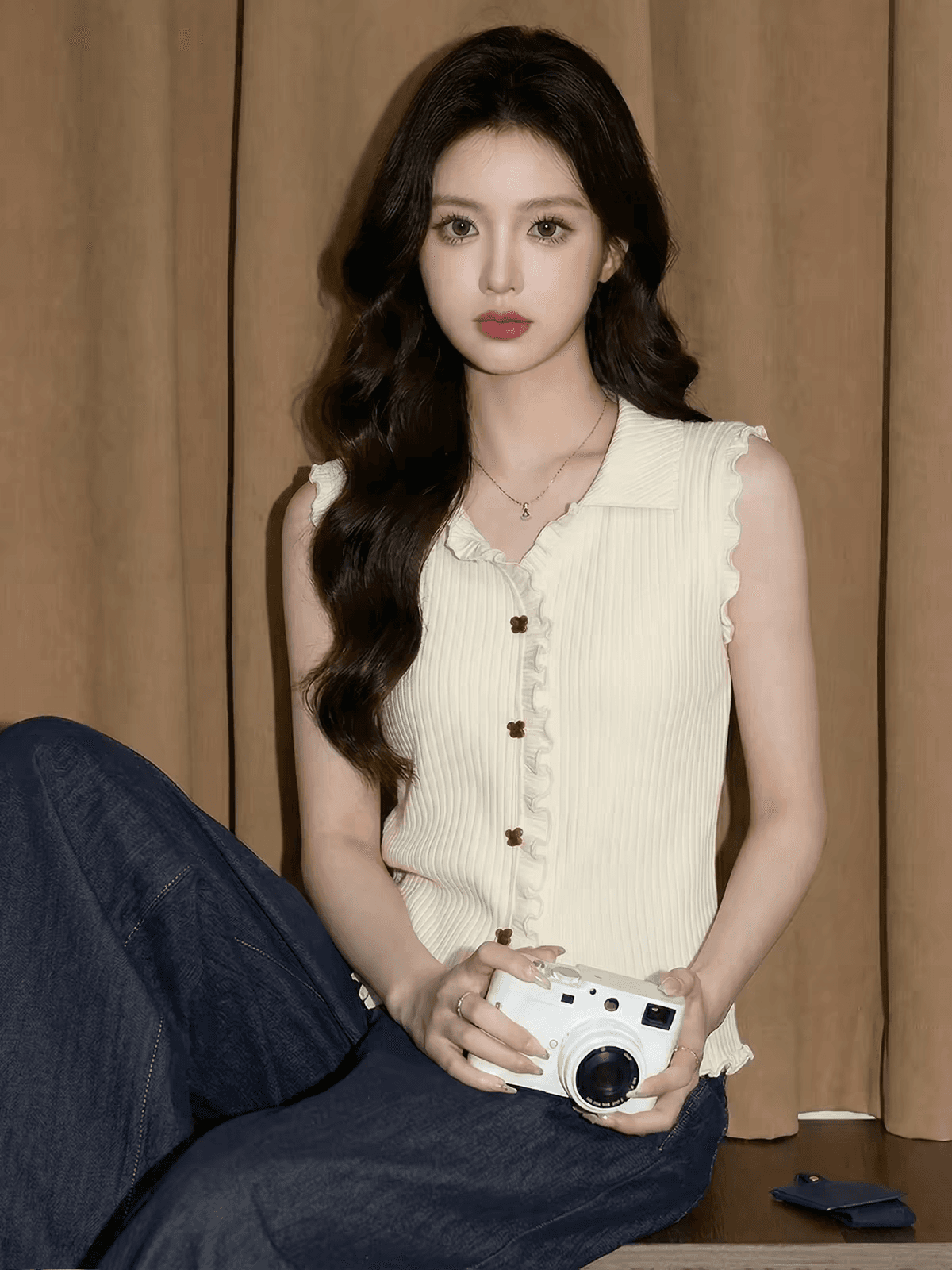 화이트 POLO 칼라 캐미솔 여름 고유 한 아름다운 자이언트 잘 생긴 고급 센스 외출용 해변가 민소매 작은 맨위 상세 이미지 1