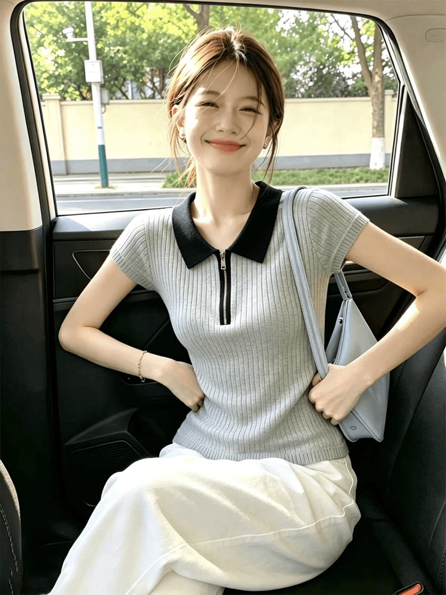 한국 스타일 배색 폴로 칼라 하프 지퍼 반팔 니트 스웨터 여성 여름 새로운 고급 센스 슬림해 보이는 다용도 맨위 이미지 2
