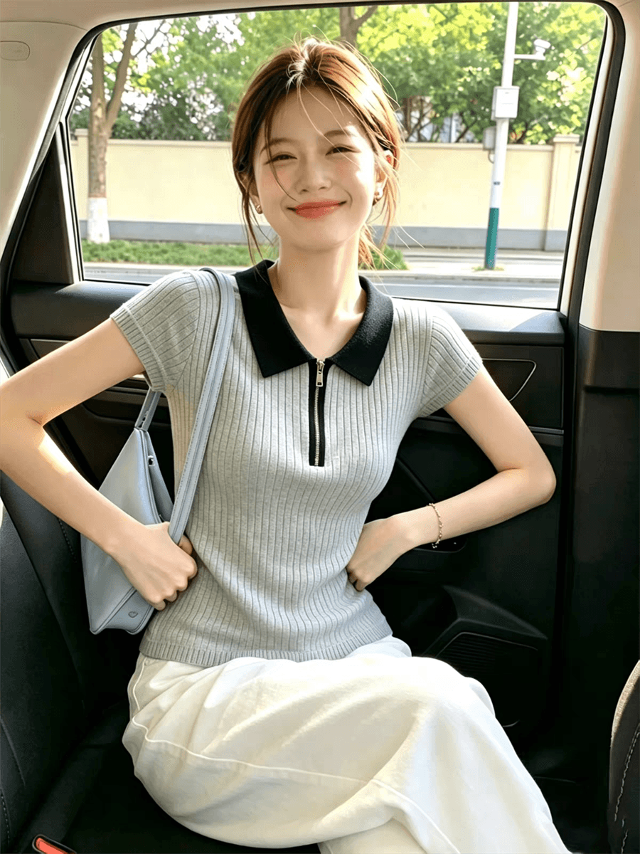 한국 스타일 배색 폴로 칼라 하프 지퍼 반팔 니트 스웨터 여성 여름 새로운 고급 센스 슬림해 보이는 다용도 맨위 상세 이미지 2