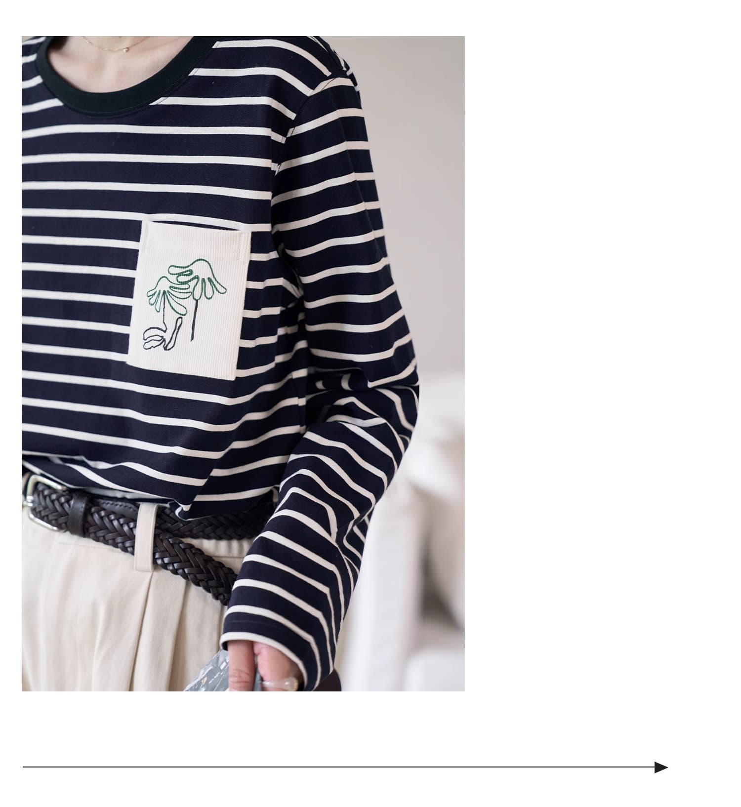 흰 그림 작업장 해안 편지 스트라이프 티셔츠 여성 긴 소매 라운드 넥 순면 인사이드 가져 가라. 슬림해 보이는 맨위 상세 이미지 6
