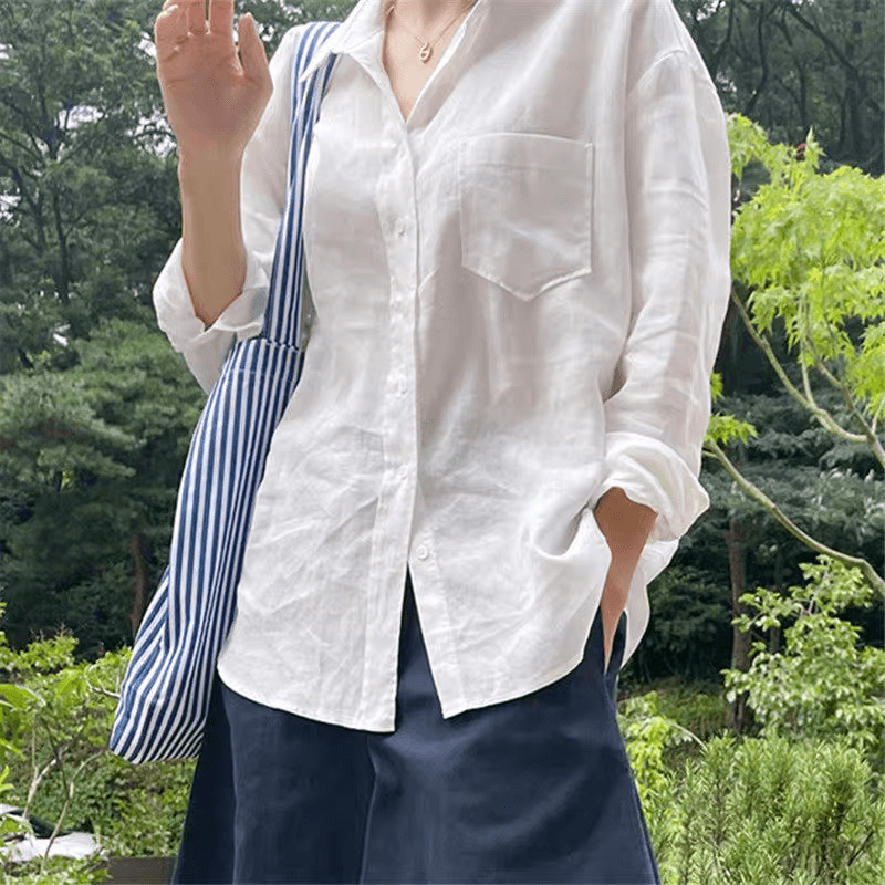 프랑스식 화이트 자외선 차단 여성 셔츠 여름 얇은 스타일 루즈핏 느긋한 바람 긴팔 셔츠 카디건 코트 면 린넨 맨위 상세 이미지 5