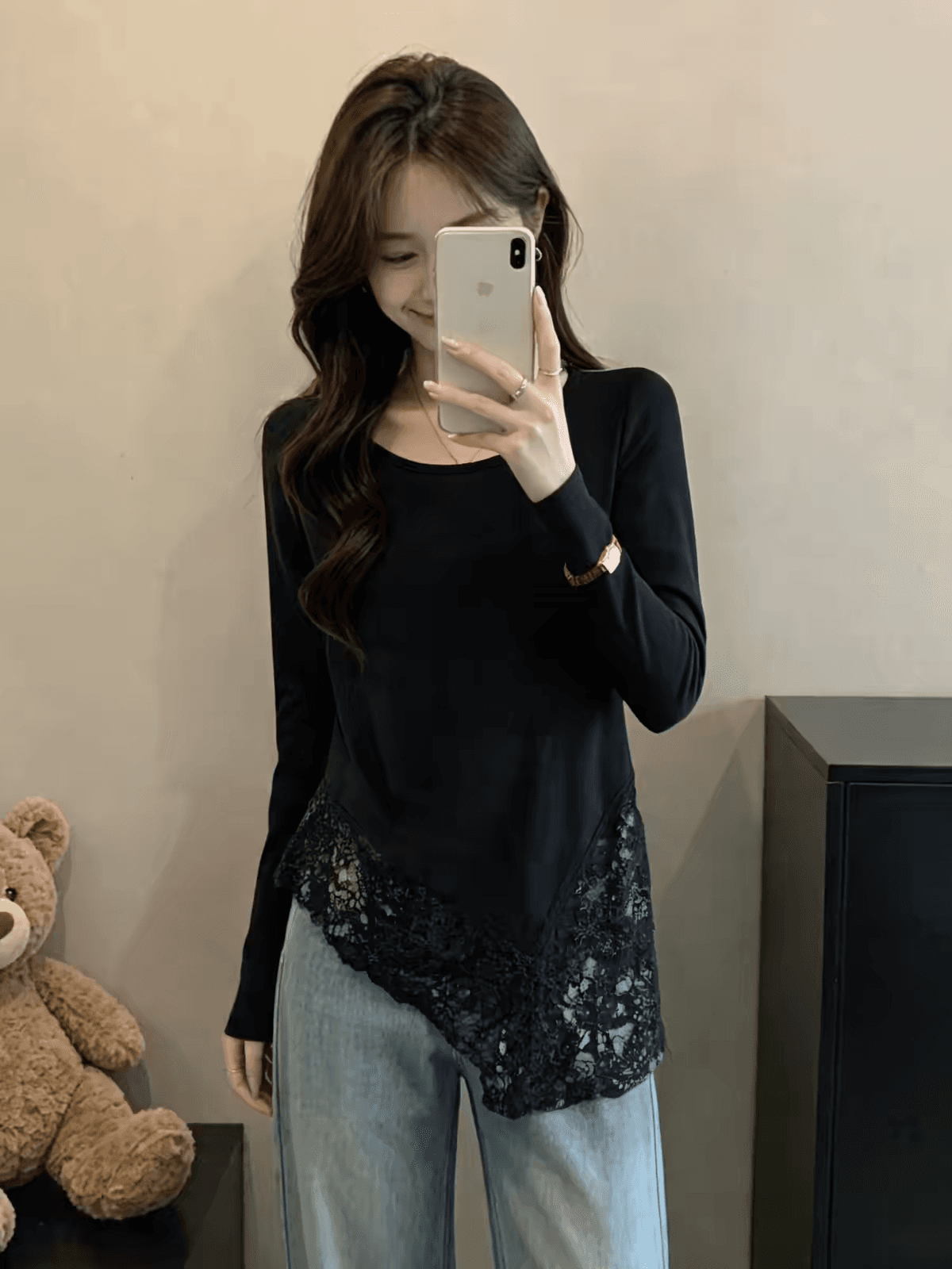 불규칙 레이스 조각 긴팔 티셔츠 기본 셔츠 여성 이른 가을 빅 사이즈 마이크로 지방 mm 슬림해 보이는 고유 한 아름다운 맨위 이미지 2