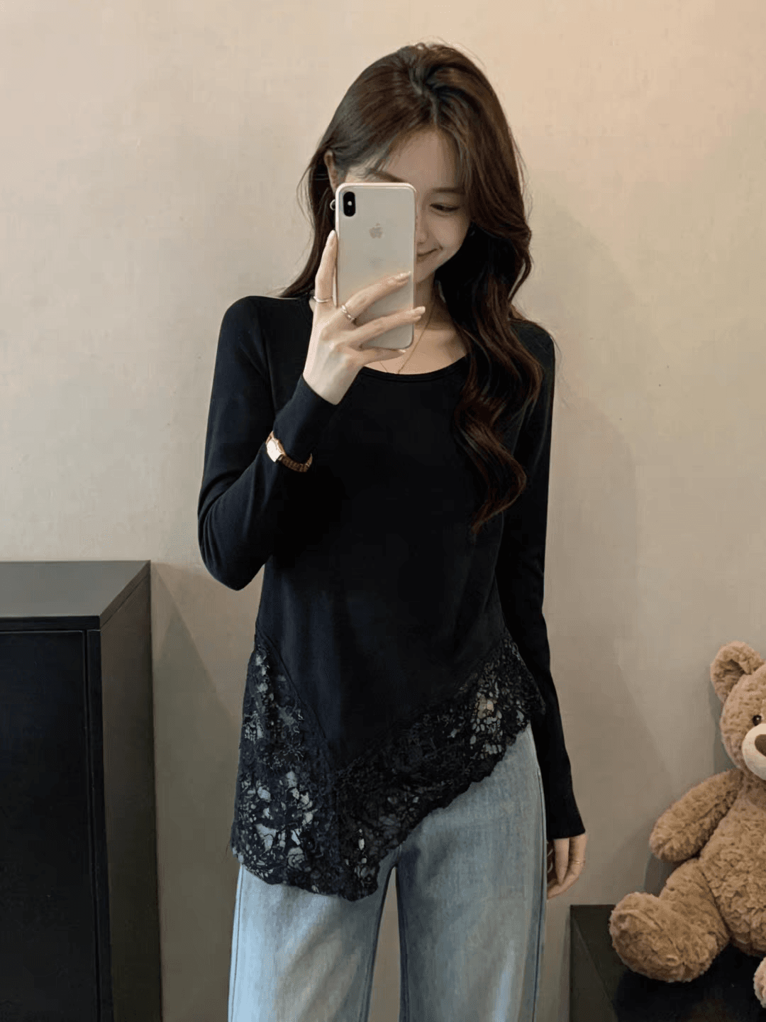 불규칙 레이스 조각 긴팔 티셔츠 기본 셔츠 여성 이른 가을 빅 사이즈 마이크로 지방 mm 슬림해 보이는 고유 한 아름다운 맨위 이미지 4