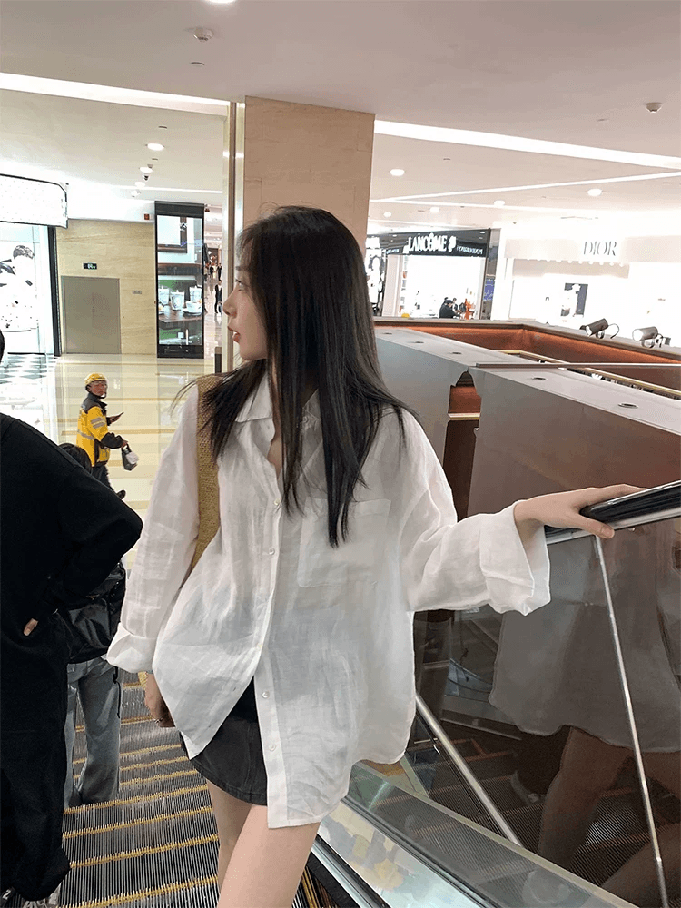 오래된 돈 바람 클래식 섹션 화이트 라미 긴팔 루즈핏 여성 셔츠 가을 새로운 고급 센스 얇은 스타일 자외선 차단 셔츠