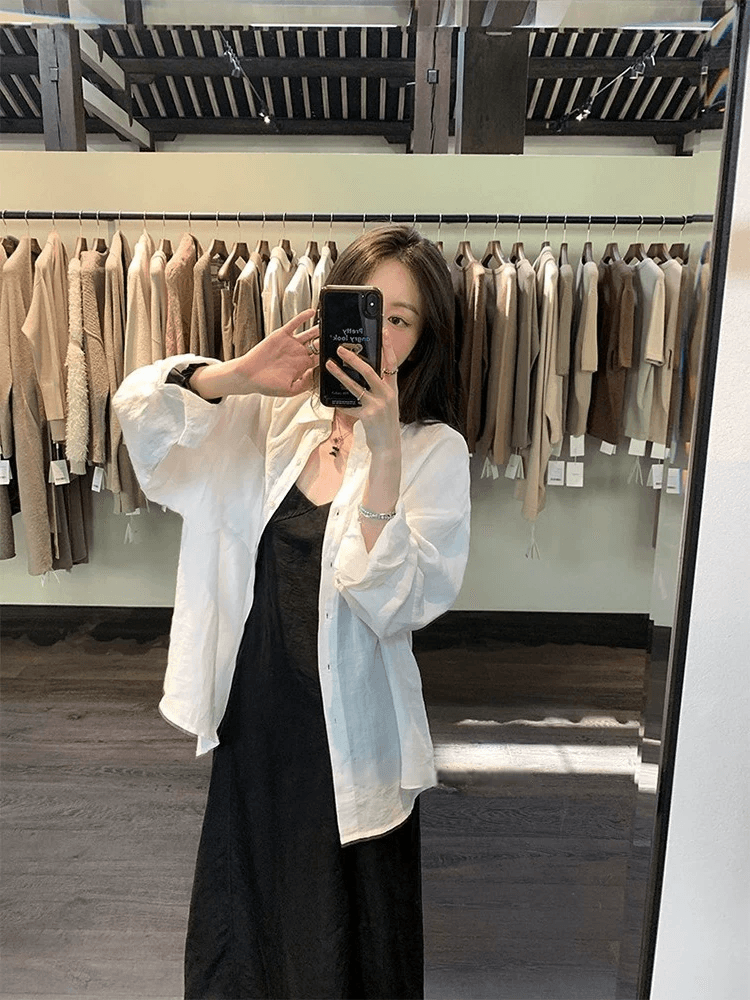 오래된 돈 바람 클래식 섹션 화이트 라미 긴팔 루즈핏 여성 셔츠 가을 새로운 고급 센스 얇은 스타일 자외선 차단 셔츠 상세 이미지 2
