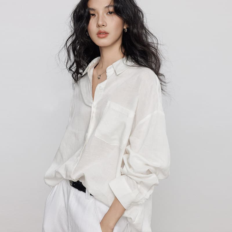 가을 100 라미 긴팔 여성 셔츠 느긋한 오래된 돈 바람 휴가 태양 보호 셔츠 맨위 이미지 2