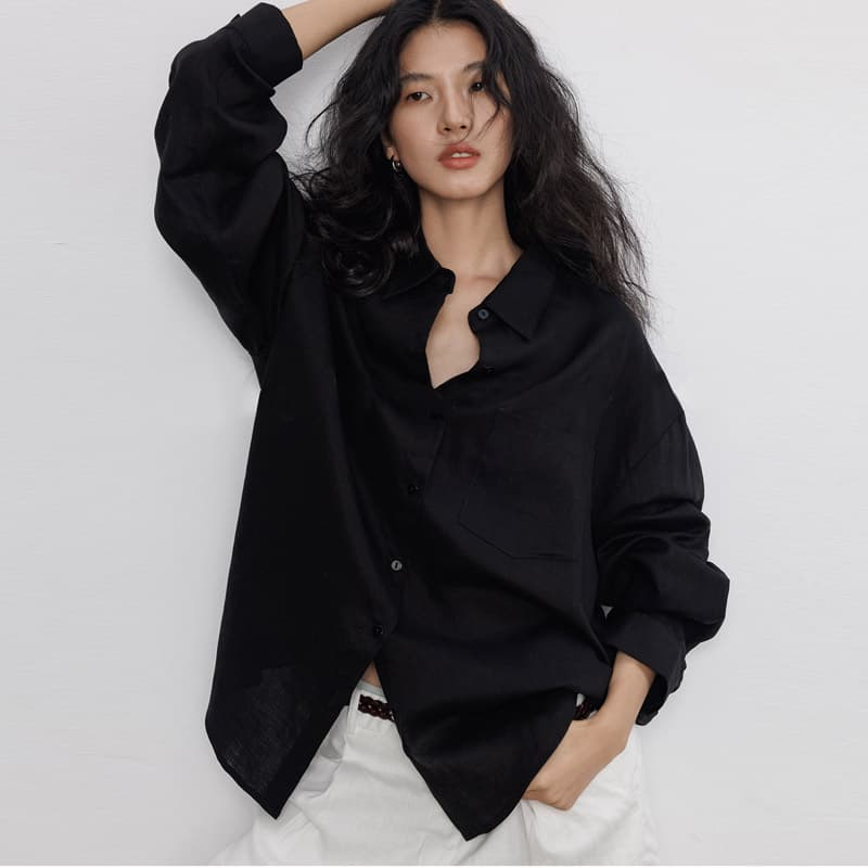 가을 100 라미 긴팔 여성 셔츠 느긋한 오래된 돈 바람 휴가 태양 보호 셔츠 맨위 상세 이미지 3