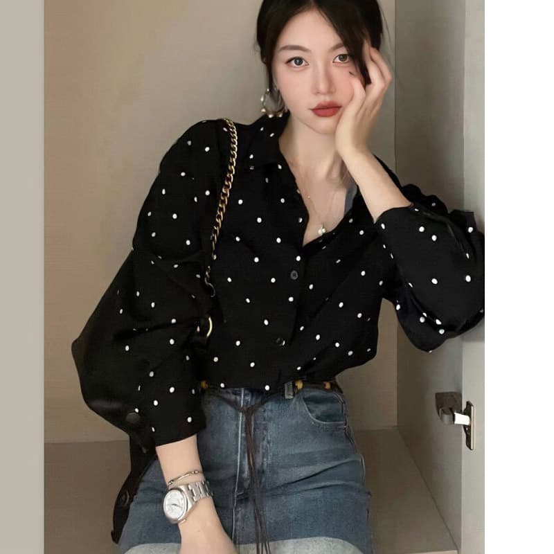 검정색 도트 무늬 쉬폰 셔츠 여성 긴 소매 2026 봄 가을 레트로 디자인 센스 고급 프랑스식 작은 대중 고유 한 맨위 상세 이미지 1