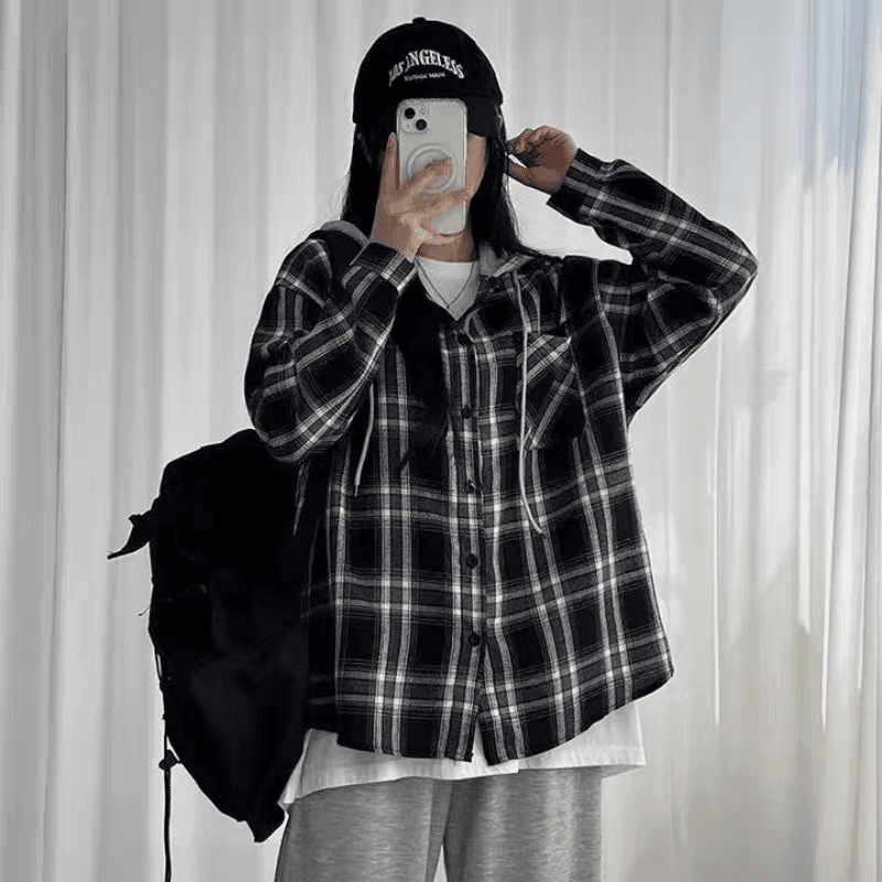 한국 chic 가을 새로운 프랑스식 레트로 체크무늬 후드 여성 셔츠 고급 센스 패션 다용도 한 첨부 된 의류 이미지 5