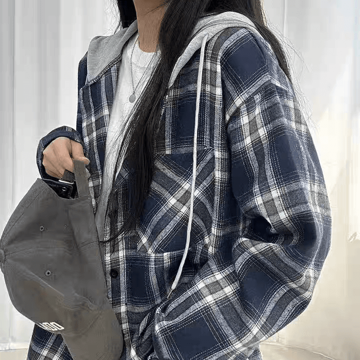 한국 chic 가을 새로운 프랑스식 레트로 체크무늬 후드 여성 셔츠 고급 센스 패션 다용도 한 첨부 된 의류 상세 이미지 4