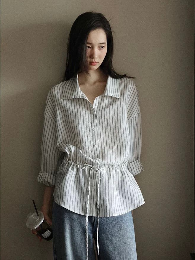 여유롭게 일상 한 부서 품격 펌프 로프 허리 수축 슬림해 보이는 스트라이프 여성 셔츠 이른 가을 이미지 2