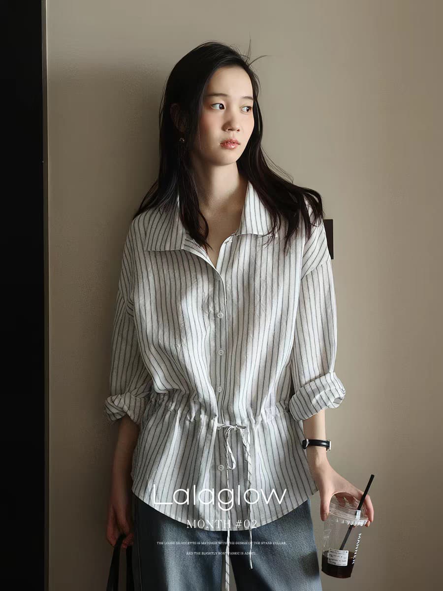 여유롭게 일상 한 부서 품격 펌프 로프 허리 수축 슬림해 보이는 스트라이프 여성 셔츠 이른 가을 이미지 4