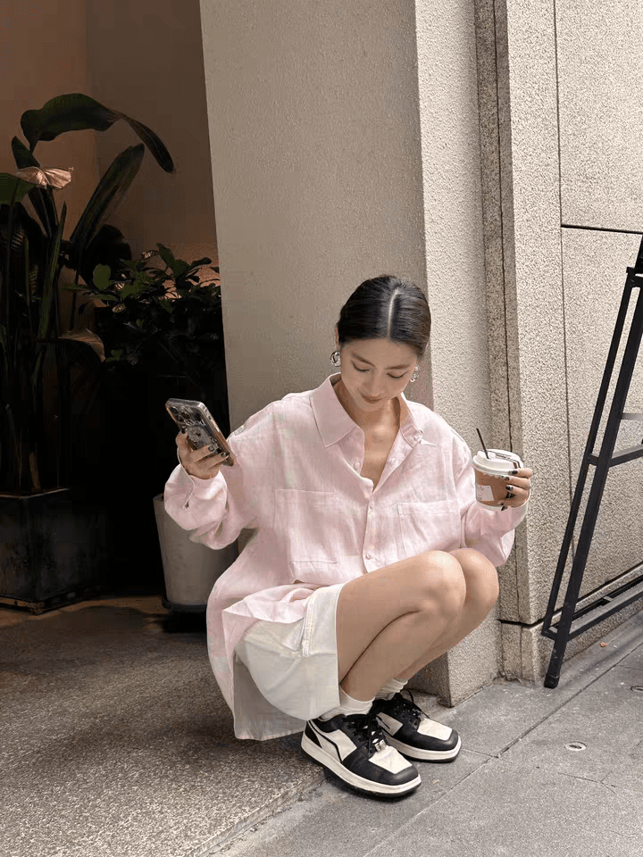 한국 스타일 고급 센스 빛 핑크색 아마 여성 셔츠 새로운 루즈핏 느긋한 바람 셔츠 캐주얼 재킷 셔츠 맨위 상세 이미지 4