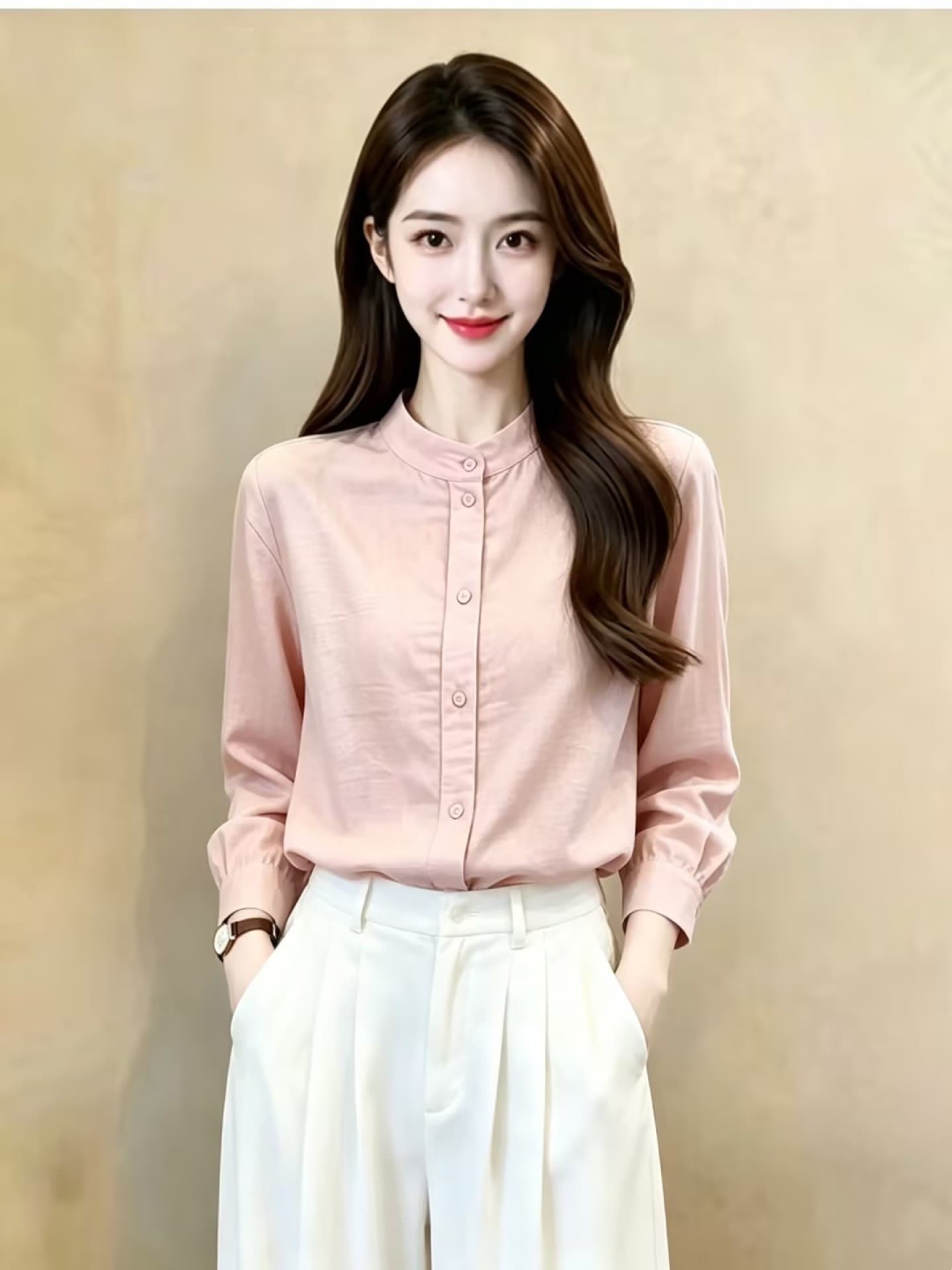프랑스식 품격 스탠드 칼라 여성 셔츠 2026 가을 새로운 검정색 긴팔 슬림해 보이는 다용도 캐주얼 맨위 트렌드 이미지 4
