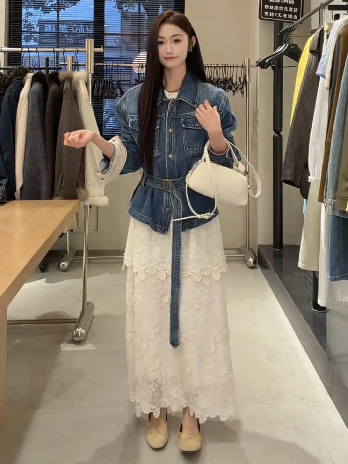 아메리칸 레트로 허리 수축 레이스업 데님 여성 코트 봄 새로운 디자인 센스 다용도 긍정적 인 어깨 쇼트 스타일 재킷 맨위 상세 이미지 7