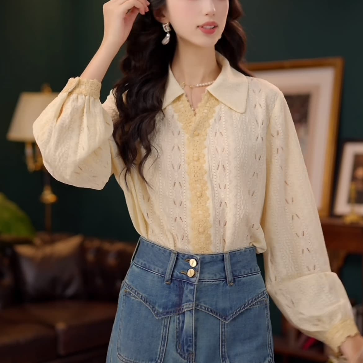 프랑스식 POLO 칼라 긴팔 여성 셔츠 봄 가을 2026 가을 새로운 레트로 홀로우 아웃 폴로 칼라 셔츠 루즈핏 맨위 이미지 2