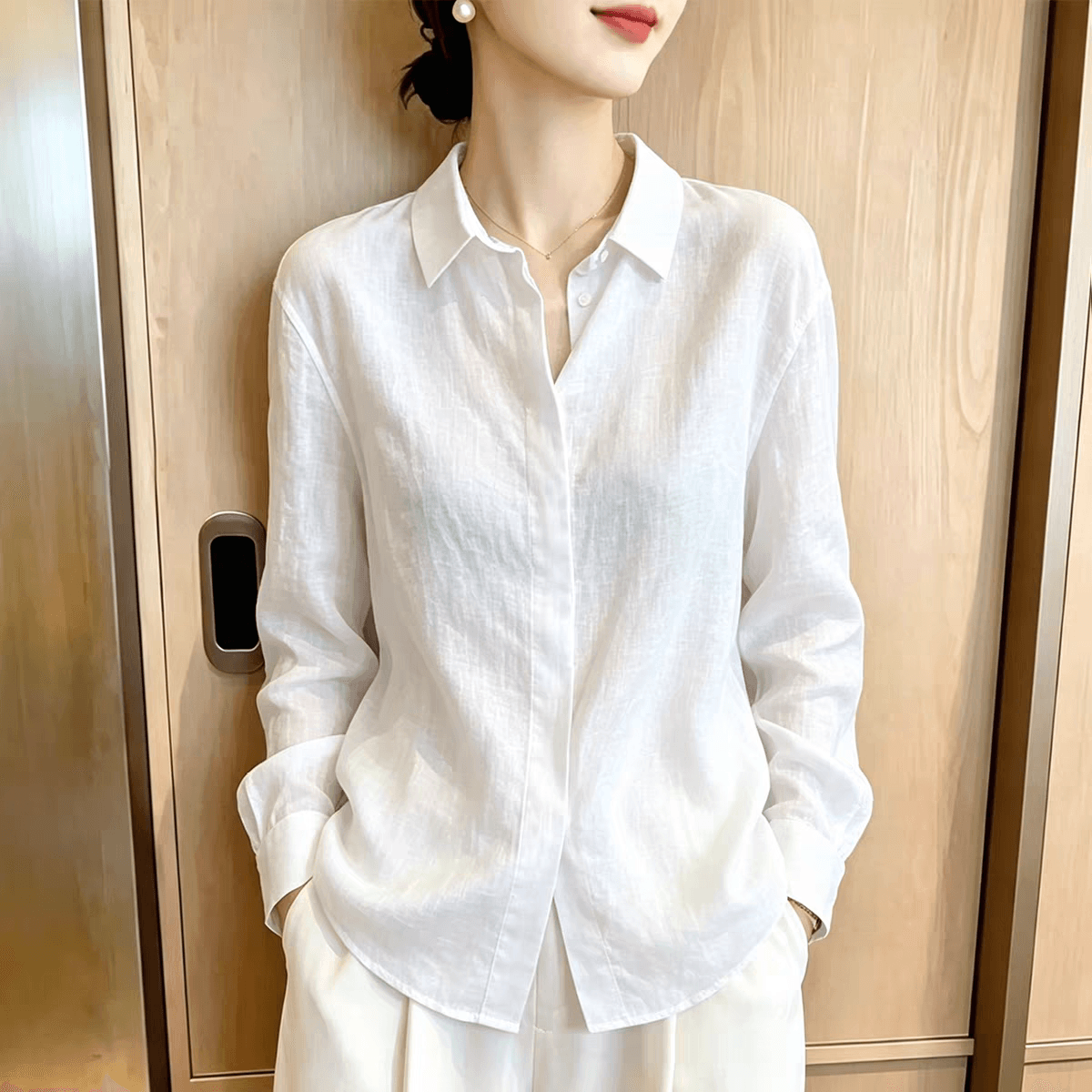 프랑스식 화이트 오래된 돈 바람 라미 셔츠 여성 긴 소매 가을 새로운 루즈핏 캐주얼 셔츠 외부 가져 가라. 면 린넨 맨위 상세 이미지 3