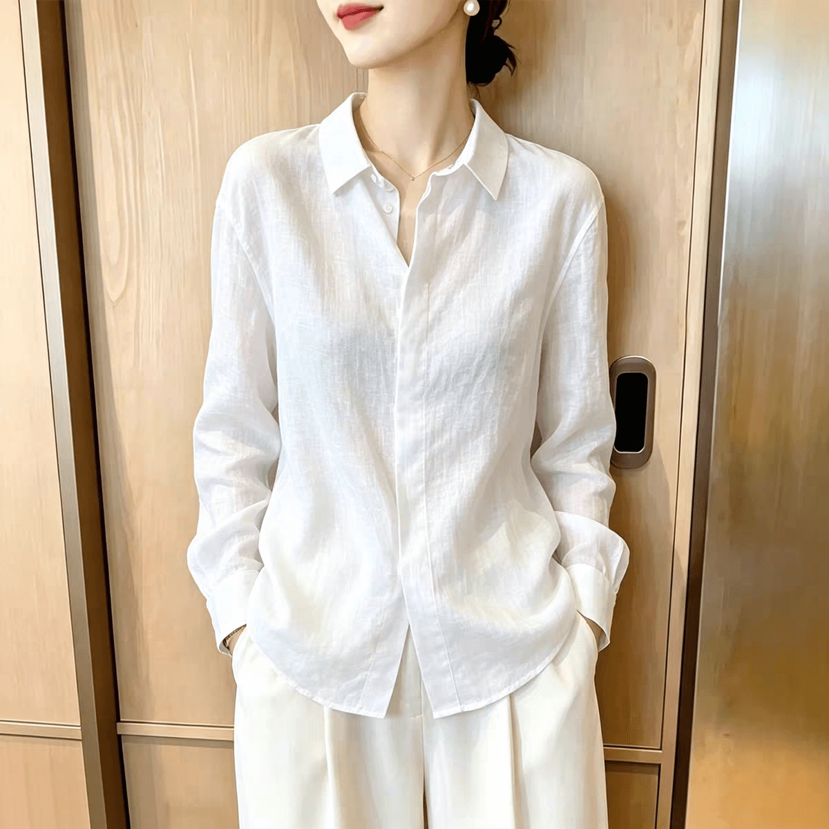 프랑스식 화이트 오래된 돈 바람 라미 셔츠 여성 긴 소매 가을 새로운 루즈핏 캐주얼 셔츠 외부 가져 가라. 면 린넨 맨위 상세 이미지 4