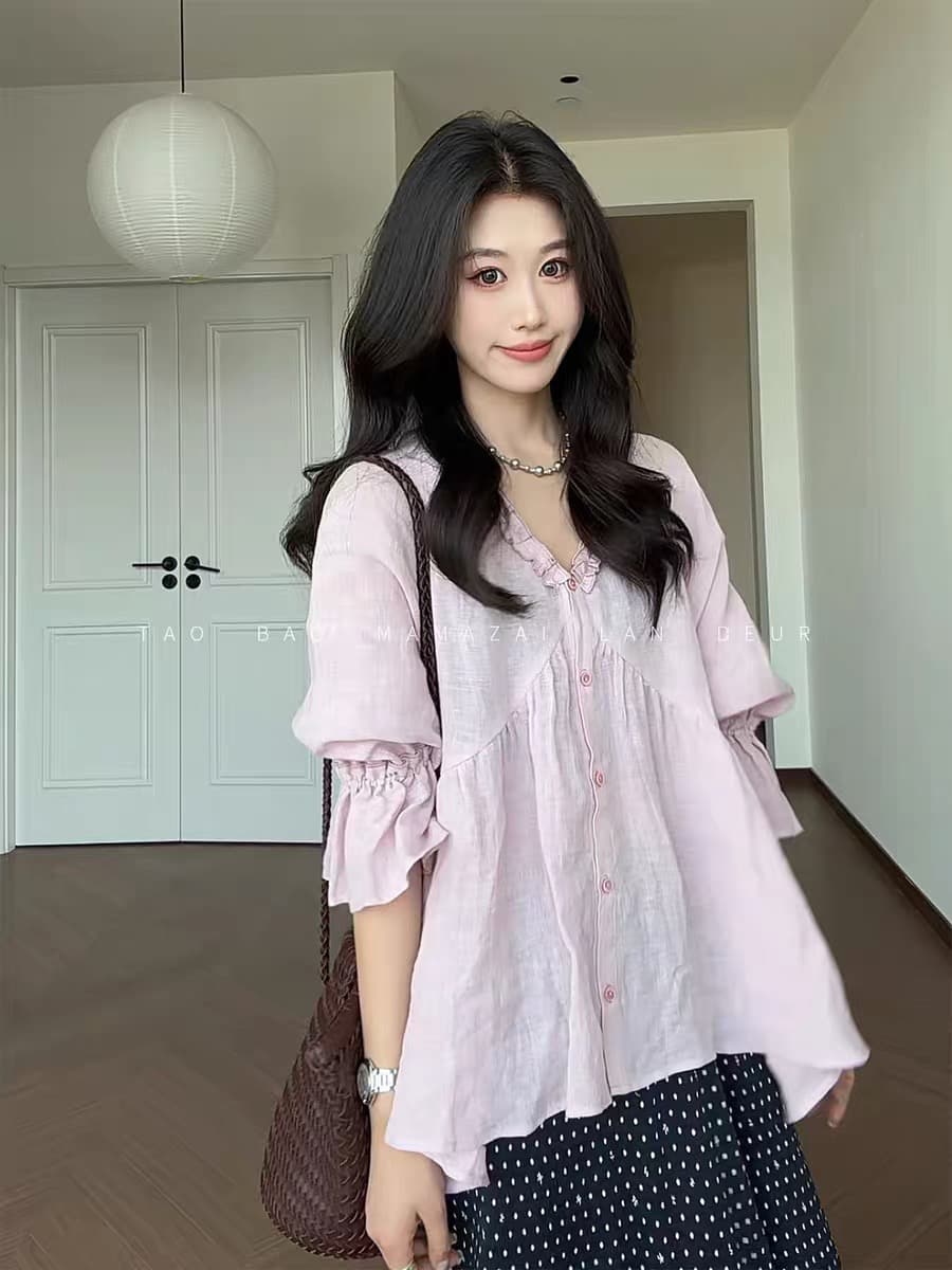 마 마 동물의 젊은 스타 남자 인사이드 100 아마 한 부서 부드러운 바람 품격 나무 V넥 슬림해 보이는 다용도 셔츠 맨위 여성