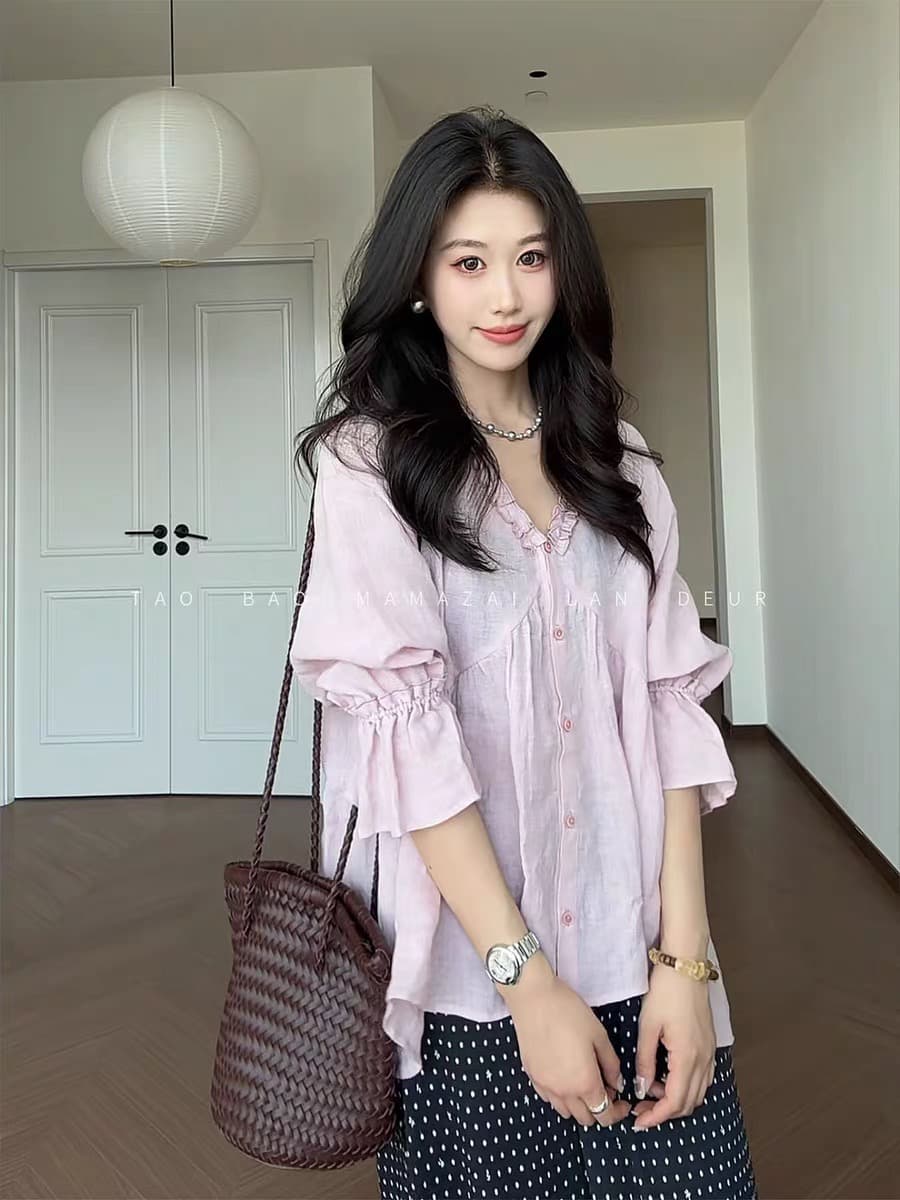 마 마 동물의 젊은 스타 남자 인사이드 100 아마 한 부서 부드러운 바람 품격 나무 V넥 슬림해 보이는 다용도 셔츠 맨위 여성 상세 이미지 2