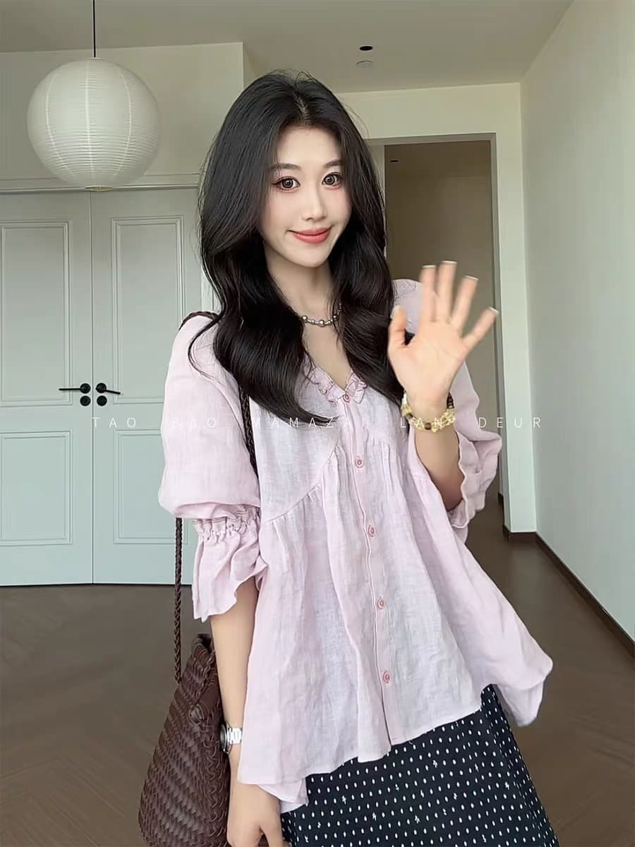 마 마 동물의 젊은 스타 남자 인사이드 100 아마 한 부서 부드러운 바람 품격 나무 V넥 슬림해 보이는 다용도 셔츠 맨위 여성 상세 이미지 4